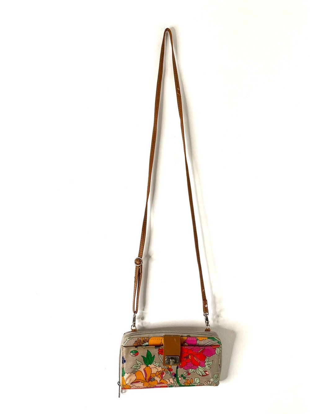 Sakroots Floral Crossbody Wallet in Beige, Pink, Orange, Yellow, Green - Picture 2 of 12